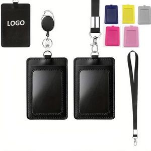 Neck Lanyard with PU Leather ID Card Badge Holder