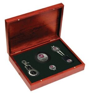 Rosewood Golf Kit with watch fob, bag tag, repair tool, hat clip, money clip