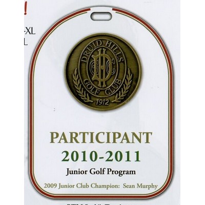 Two Sided Tombstone Printed Plastic Bag Tag 3 3/4"x5" with medallion