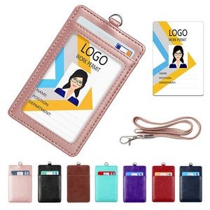 Leather ID Card Badge Holder With Lanyard