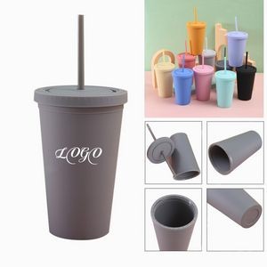 16 Oz Reusable Insulated Plastic Cup With Lid & Straw