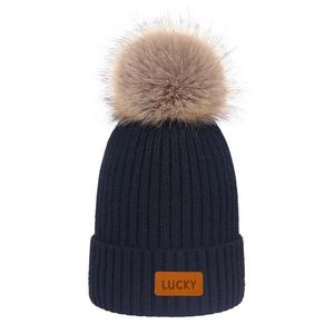 Winter Knitted Beanie Hat with Faux Fur Pom