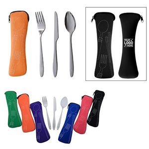 3 Piece Stainless Steel Camping Cutlery Set - Spoon Fork Knife Combo With Case