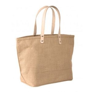 Jute Tote w/Leather Handles, Zippered Closure, Zippered Interior Pocket