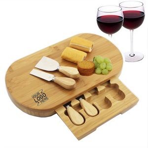 Bamboo Cheese Board Set w/4 Knives & Slide Out Drawer