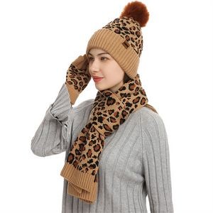 Women Leopard Hat Scarf Gloves Set
