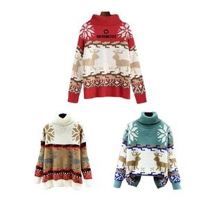 Women's Long-Sleeve High-Necked Knitted Snowflake Fawn Christmas Sweater