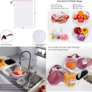 Reusable Produce Bags Barcode Scanable See Through Food Safe Mesh Bags with Drawstring