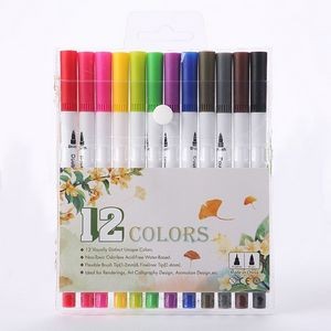 12 Watercolor Dual Tip Marker Brush Pen with Fine Liner