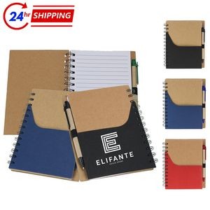 Kraft Paper Spiral Notepad with Pen & Front Pocket
