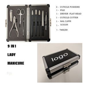 9 in 1 Ladys Manicure set in Aluminum Carrying Case