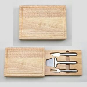 Rectangular Wood Cheese Board w/ 3 Piece Metal Handle Utensils