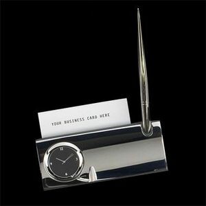 Silver Plated Business Card Holder W/ Clock