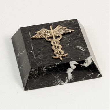 Black Marble Paperweight with Brass Medical Symbol (SANDBLASTED)