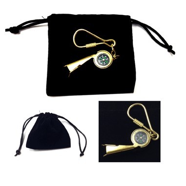 Vintage Whistle/Compass Key Ring w/ Velveteen Pouch
