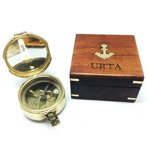 4" Brass Brunton Compass in Wood Case (Brass Anchor & Corners)