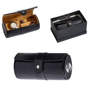 Elegant Black Leather Round Jewelry Box - 6" L Elegant Black Leather Round Jewelry Box - 6" LElegan