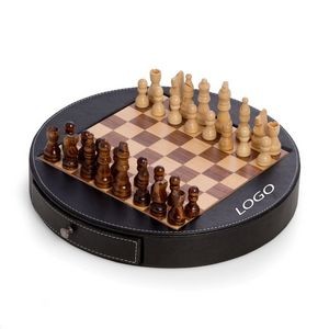 Deluxe Chess Set in Wood with Black Leather Wrapped Around the inlaid Playing Board with Drawer for