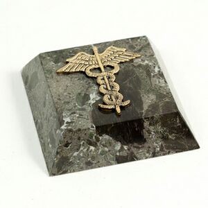 Green Marble Paperweight with Brass Medical Symbol