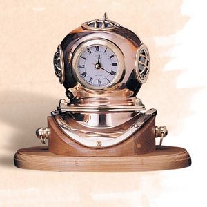 7 1/2" Copper/Brass Helmet Clock On Wood Base