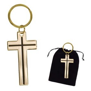 Gold Cross Brass Key Ring in Black Velveteen Pouch