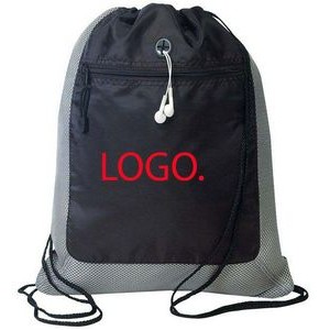 Drawstring tote bag w/Front zipper pocket & Easy Headphone access.
