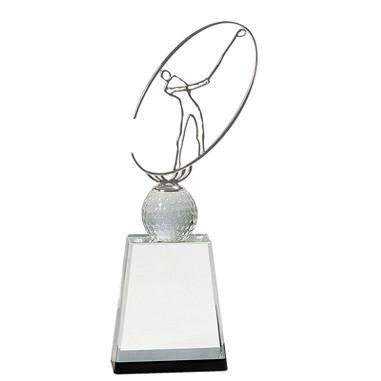 Crystal Golf Award w/ Silver Metal Oval Figure