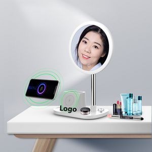Lighted Makeup Mirror With Wireless Charger And Cosmetic Brush Holder