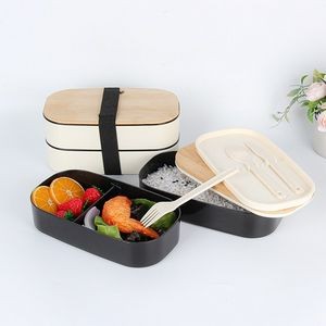 Double Layer Microwavable Wooden Lid Lunch Box