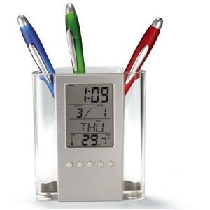 Transparent Pen Holder With Clock