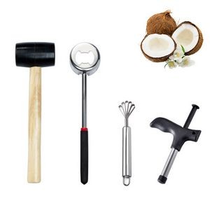Coconut Opener Set for Meat Removal with Hammer & Stainless Steel Knife