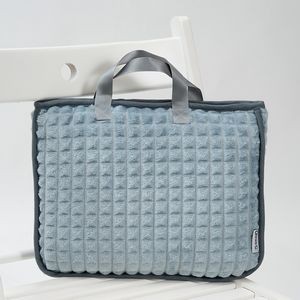 4-in-1 TRAVEL COZY BLANKET-PILLOW-BAG Luxury Premium Plaid Embossed Plush Velour Stone Blue Alesia C