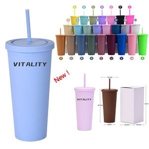 24oz Double Wall Plastic Cup with Lid & Straw