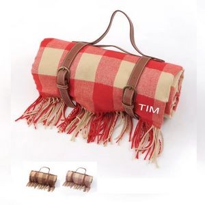 Portable picnic blanket with leather handle and tassel