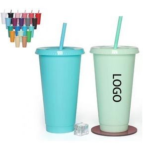 Solid Color Plastic Water Cup With Straw and Lid