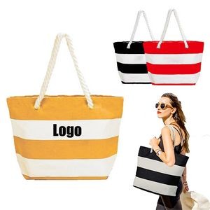 Large Canvas Striped Beach Tote Bag With Zipper