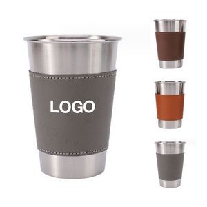 16Oz Stainless Steel Pint Cup With Pu Leather Cover