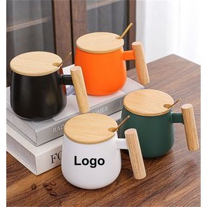12 oz Coffee Mug With Wooden Handle And Bamboo Lid
