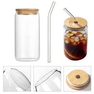 16oz Pint Glass Set: Glass Straw, Bamboo Lid - Sip in Style