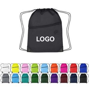 Polyester Drawstring Backpack With Front Zipper Pocket (Custom)