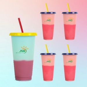 24oz Reusable Plastic Color Changing Cup with Lid and Straw