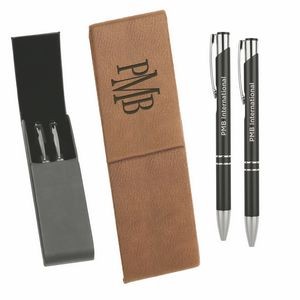 Leatherette Double Pen Case with 2 Blank Pens with Stylus - Dark Brown