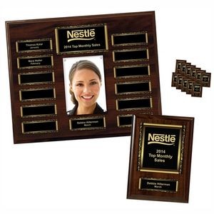 Walnut 13-Plt Mag Scroll Border Photo Plaque W/ Easy Perpetual and 12 5" x 7" Companion Plaques