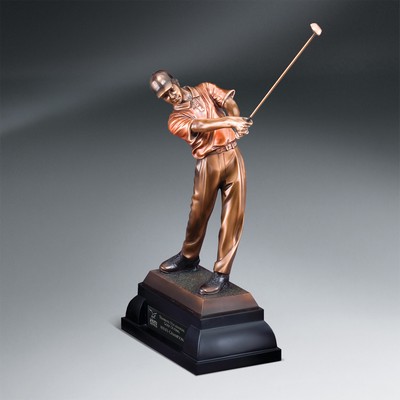 Antique Bronze Finish Swinging Male Golfer - Large with Black Lasered Plate