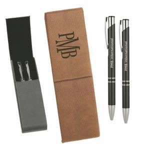Leatherette Double Pen Case with 2 Blank Pens with Stylus - Light Brown