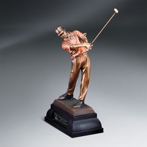 Antique Bronze Finish Swinging Male Golfer - Medium with Black Lasered Plate