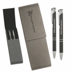 Leatherette Double Pen Case with 2 Blank Pens with Stylus - Grey