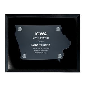 Frosted Acrylic IA State Cutout on Black Plaque
