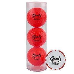 3-Ball Tube w/Colored Golf Balls & Poker Chip Ball Marker