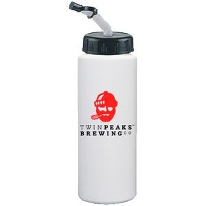32 Oz. White Sport Bottle with Cap, Tip and Straw